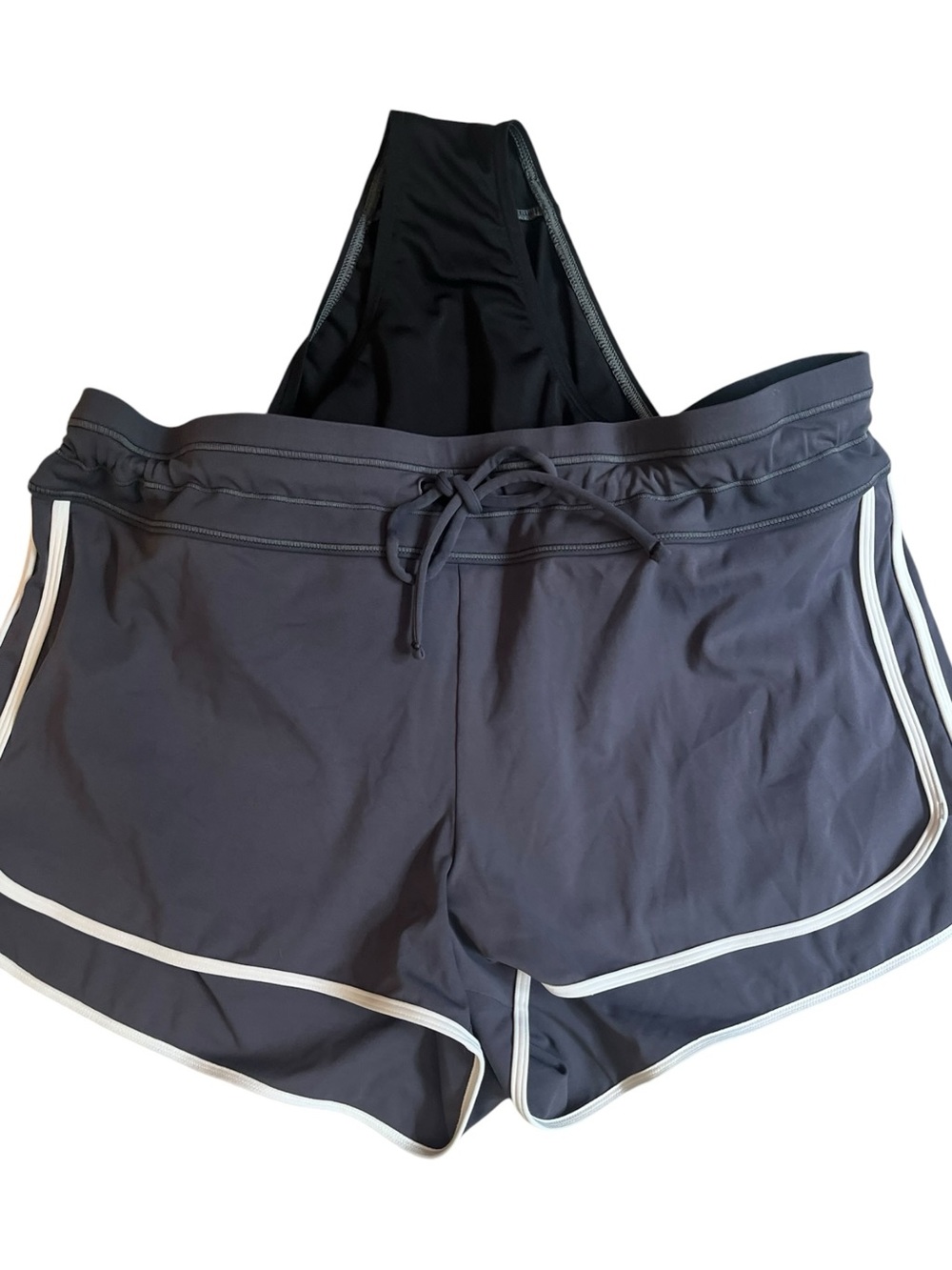 ATHLETA Surge Swim Shorts Womens Large Retro Charcoal & White Piping Sporty - Picture 2 of 9